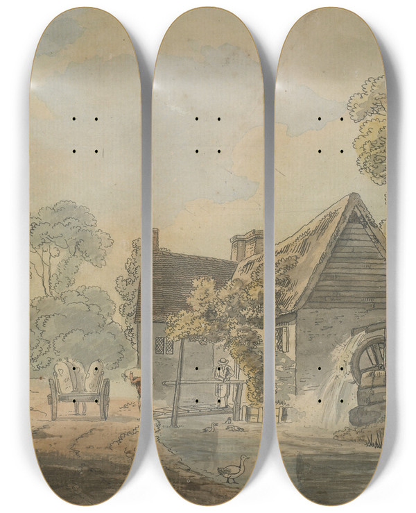 Triptych art skateboard deck of Charles Tompkins Water Mill by Charles Tompkins