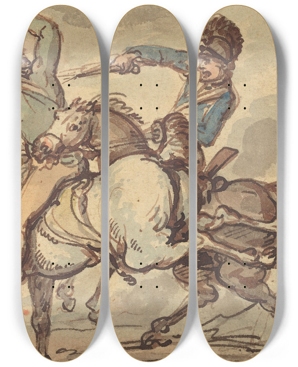 Triptych art skateboard deck of Thomas Rowlandson Cavalry Skirmish by Thomas Rowlandson (1756-1827)