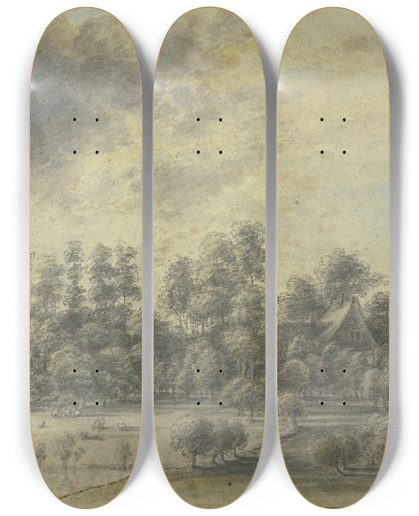 Triptych art skateboard deck of Lucas Van Uden Haus In Einer Baumgruppe Stehend Links Bei Einem Wasser Weidet Einiges Vieh by Lucas Van Uden (1595-1672)