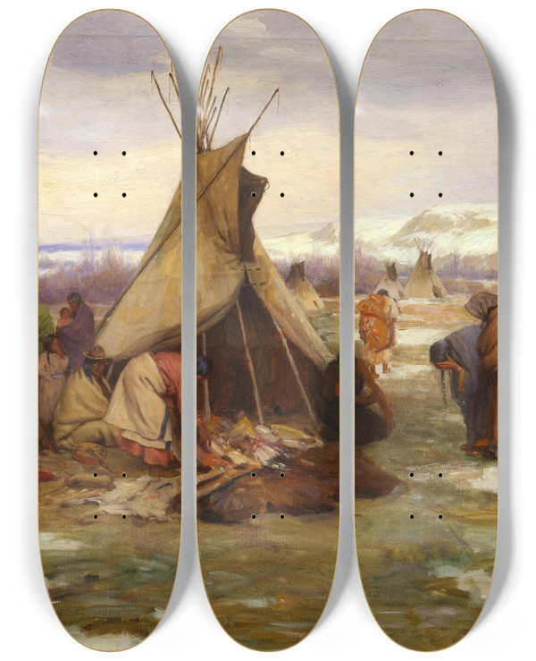 Triptych art skateboard deck of Joseph Henry Sharp Dividing The Chiefs Property by Joseph Henry Sharp (1859-1953)