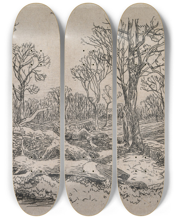 Triptych art skateboard deck of John Middleton Felled Timber Burningham by John Middleton (1827-1856)