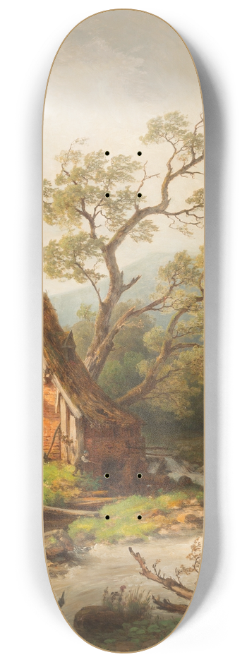 Heinrich Steinike - Romantic watermill by a stream 8.25 inch art skate deck
