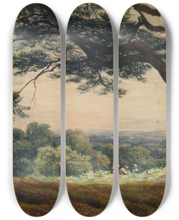 Triptych art skateboard deck of Bartholomew Colles Watkins A Hill Near Esher Surrey by Bartholomew Colles Watkins