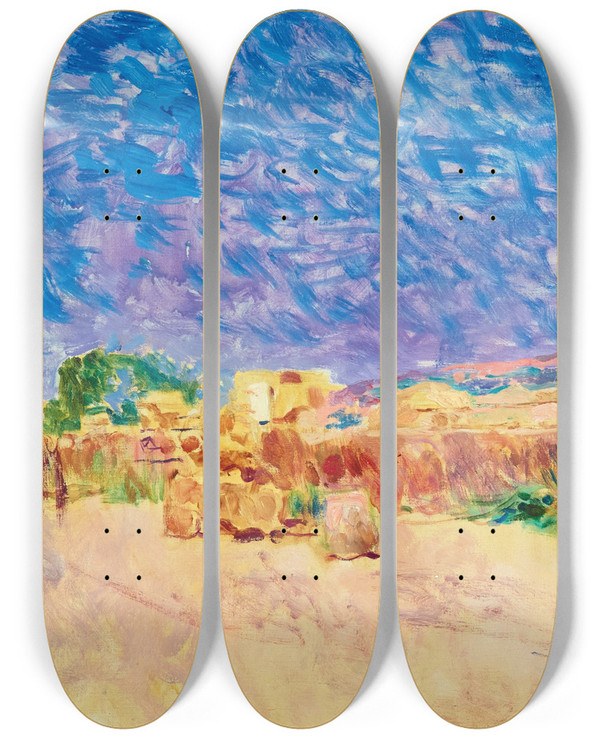 Triptych art skateboard deck of Plinio Nomellini Avanzi Romani A Leptis Magna Libya by Plinio Nomellini (1866-1943)
