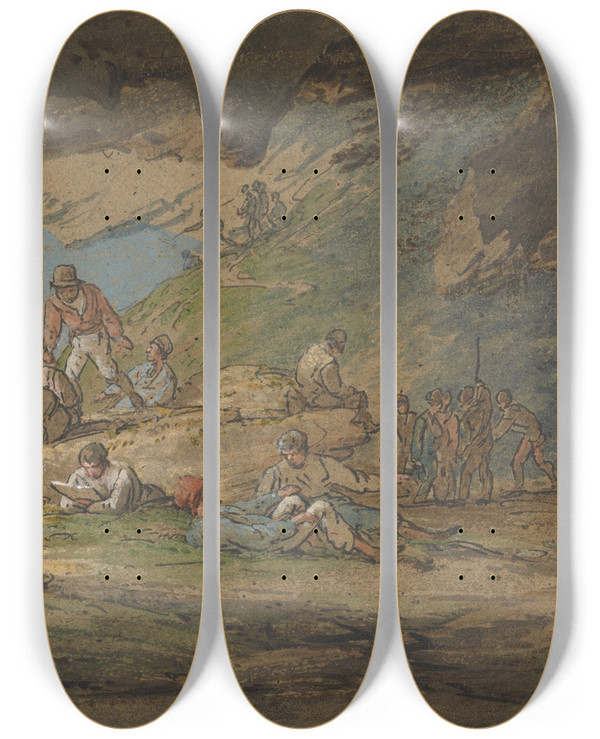 Triptych art skateboard deck of William Payne A Cave In Sunlight With Figures by William Payne (1760-1830)