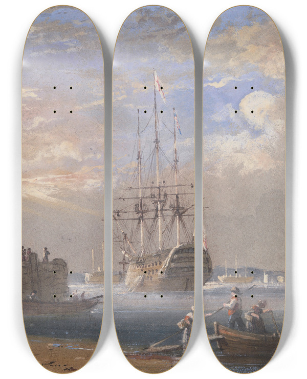 Triptych art skateboard deck of Nicholas Condy Hms St Vincent At Plymouth by Nicholas Condy (1793-1857)