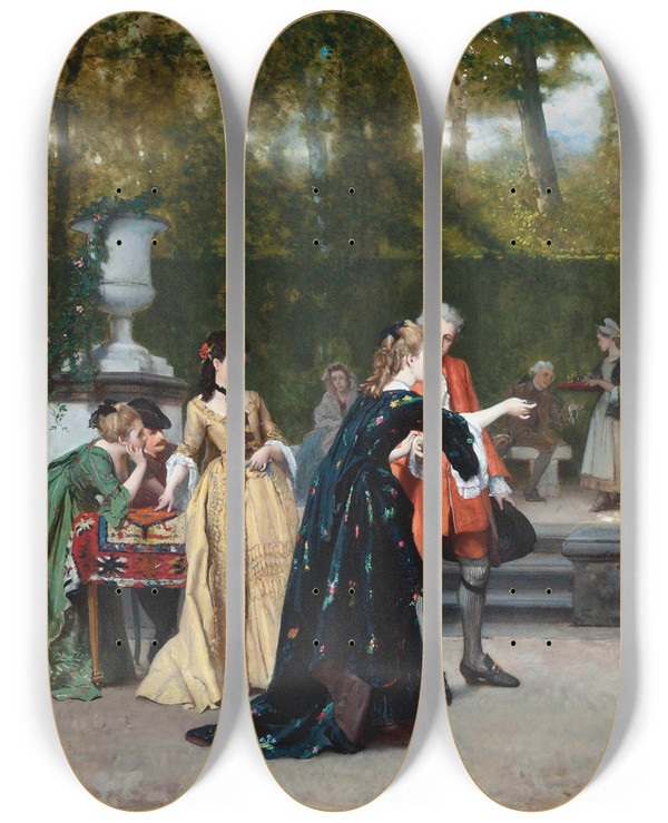 Triptych art skateboard deck of Auguste Serrure La Charmante Adversaire by Auguste Serrure (1825-1903)