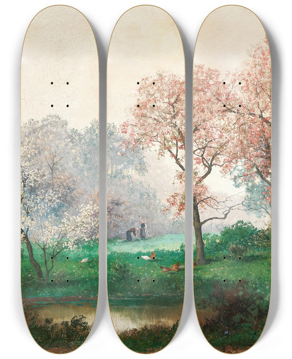 Triptych art skateboard deck of Adolf Kaufmann Unter Blhenden Bumen_1 by Adolf Kaufmann (1848-1916)
