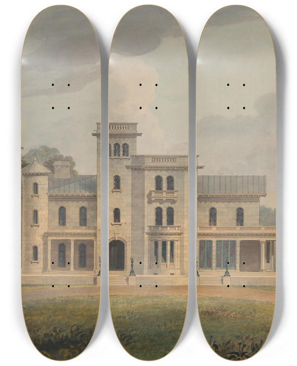 Triptych art skateboard deck of Alexander Jackson Davis Grace Hill For Edwin C Litchfield Brooklyn New York Front Elevation by Alexander Jackson Davis (1803-1892)