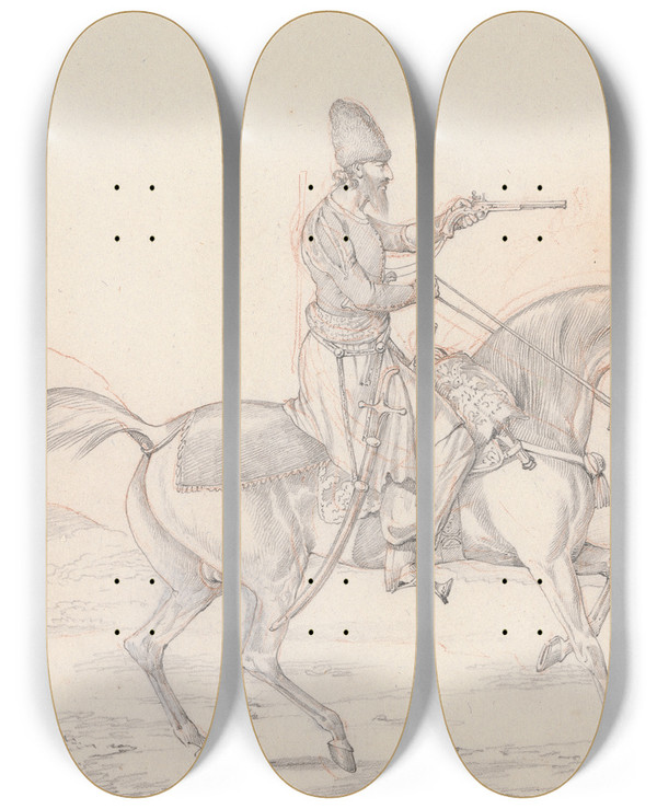 Triptych art skateboard deck of Henry Thomas Alken Scraps No 34 Mounted Mameluke Pointing A Pistol by Henry Thomas Alken (1785-1851)