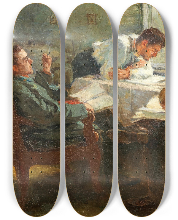 Triptych art skateboard deck of Leonid Pasternak The Night Before The Exam by Leonid Pasternak (1862-1945)