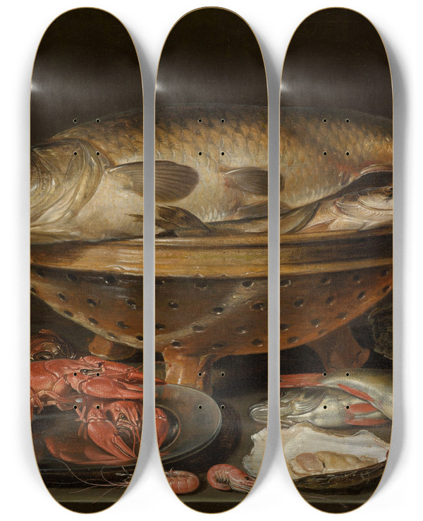 Triptych art skateboard deck of Clara Peeters Still Life With Fish by Clara Peeters (1582-1636)