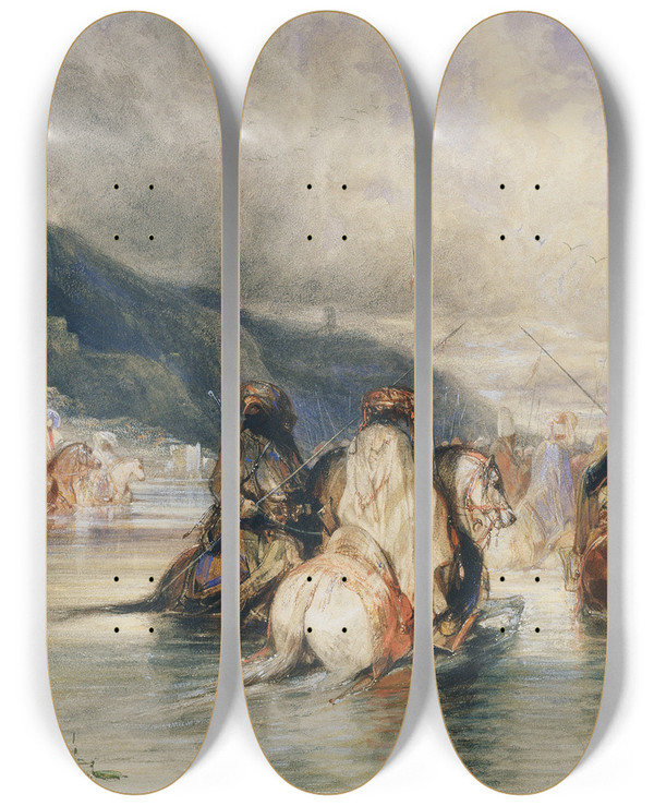 Triptych art skateboard deck of Alexandregabriel Decamps Crossing The River by Alexandre-Gabriel Decamps (1803-1860)
