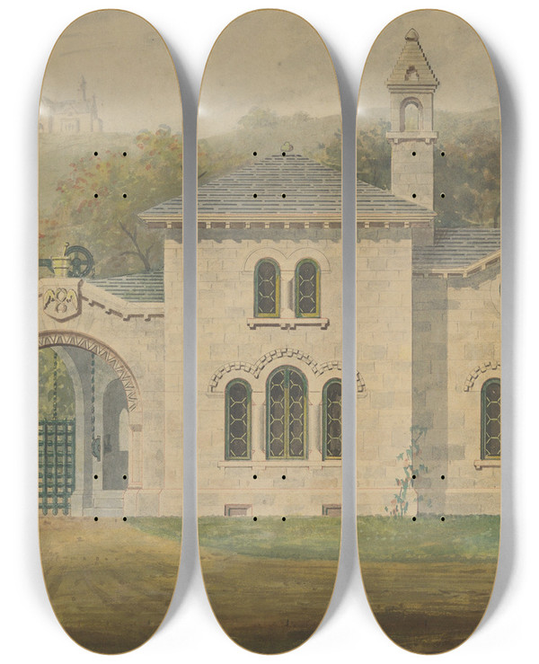 Triptych art skateboard deck of Alexander Jackson Davis Gate Lodge For Amos G Hull Newburgh New York Front Elevation by Alexander Jackson Davis (1803-1892)