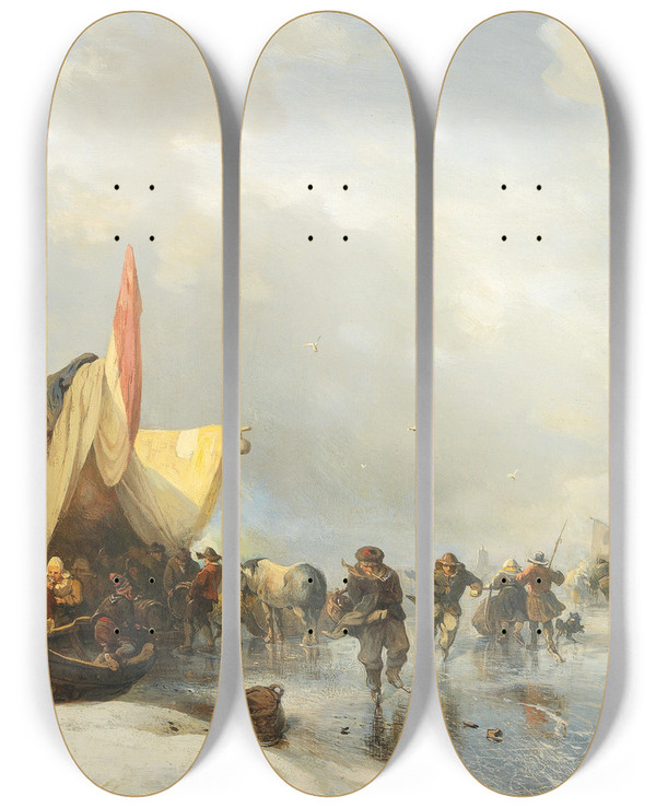 Triptych art skateboard deck of Carl Hilgers Winter Pleasures On The Ice by Carl Hilgers (1818-1890)