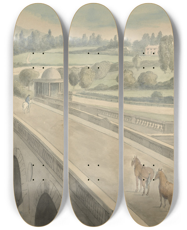 Triptych art skateboard deck of Edward Francis Burney The Bridge by Edward Francis Burney (1760-1848)