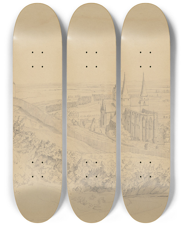 Triptych art skateboard deck of Friedrich Wilhelm Ludwig View On Oppenheim by Friedrich Wilhelm Ludwig (1828)