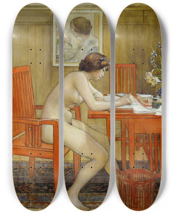 Triptych art skateboard deck of Carl Larsson The Model Writing A Postcard by Carl Larsson (1853-1919)