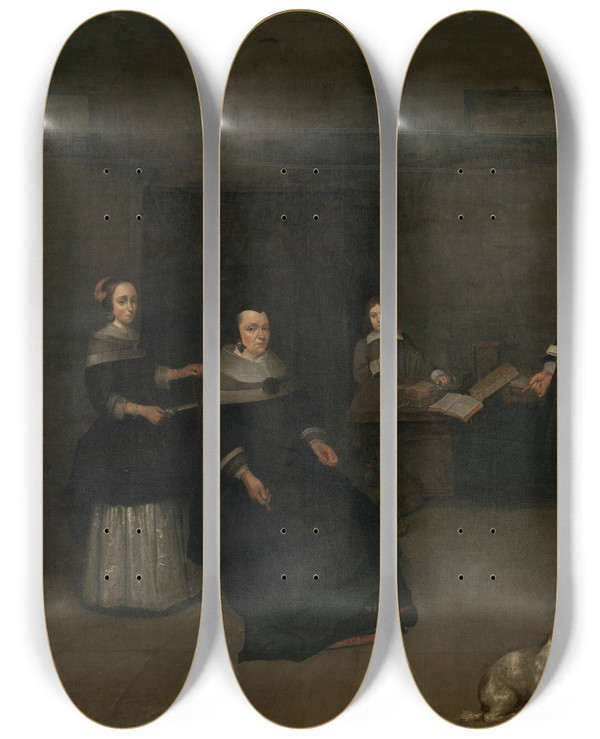 Triptych art skateboard deck of Caspar Netscher Family Scene by Caspar Netscher (1639-1684)