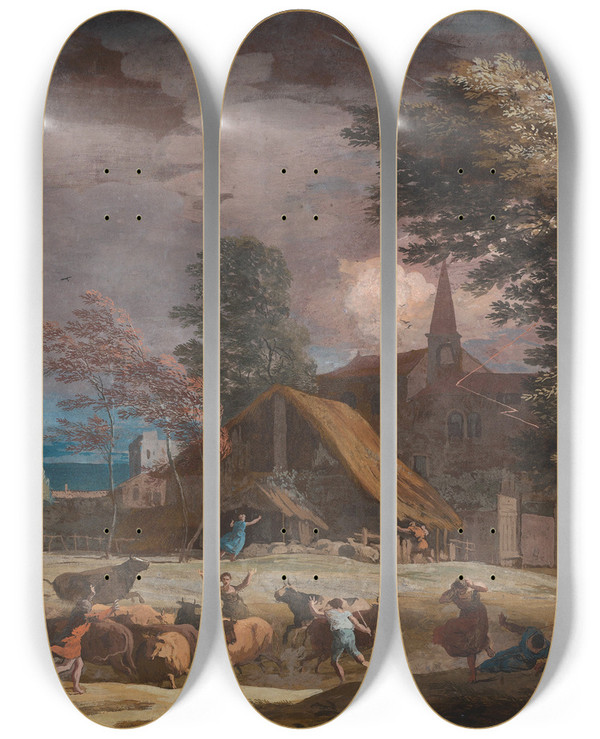 Triptych art skateboard deck of Marco Ricci A Stormy Landscape by Marco Ricci (1676-1729)