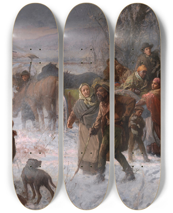Triptych art skateboard deck of Charles T Webber The Underground Railroad by Charles T Webber (1825-1911)