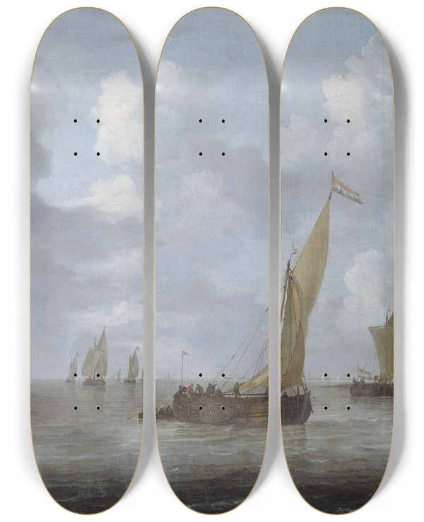 Triptych art skateboard deck of Arnoldus Van Anthonissen A River Scene With Shipping by Arnoldus Van Anthonissen