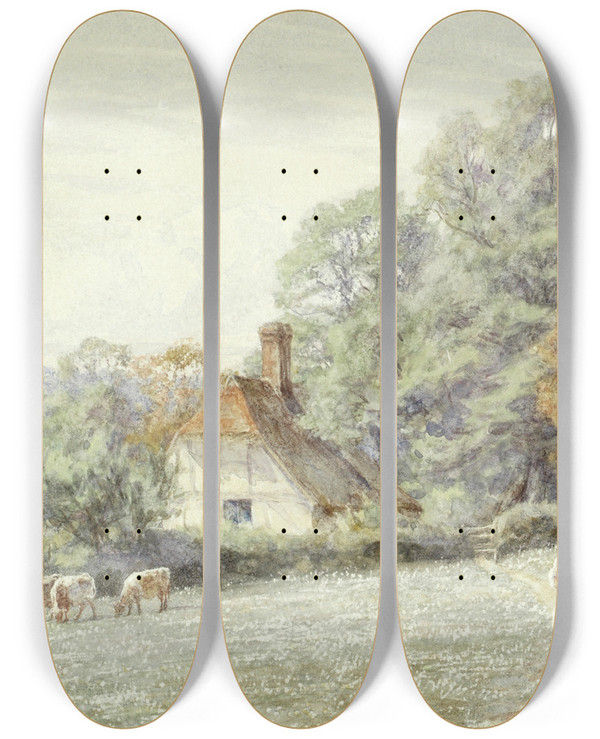 Triptych art skateboard deck of Helen Allingham A Surrey Cottage by Helen Allingham (1848-1926)