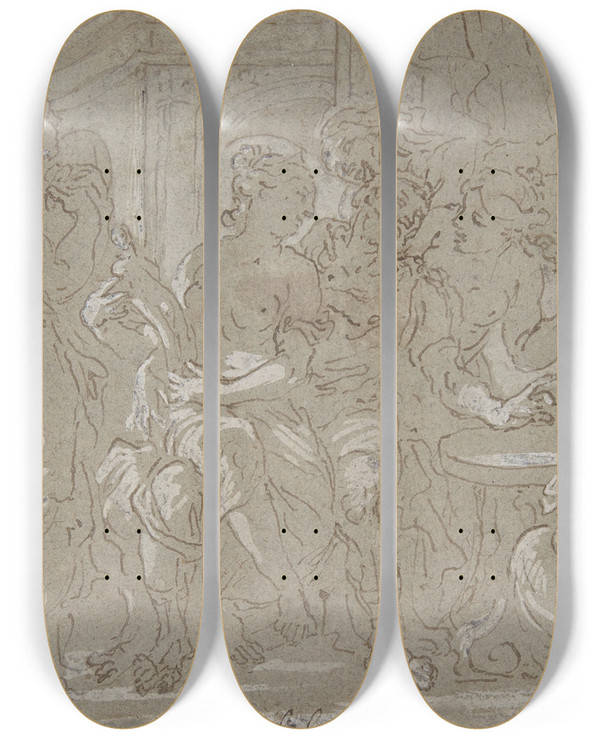 Triptych art skateboard deck of Johann Carl Loth Solomon by Johann Carl Loth (1632-1698)