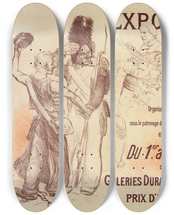 Triptych art skateboard deck of Adolphe Lon Willette Exposition Charlet by Adolphe Leon Willette (1857-1926)