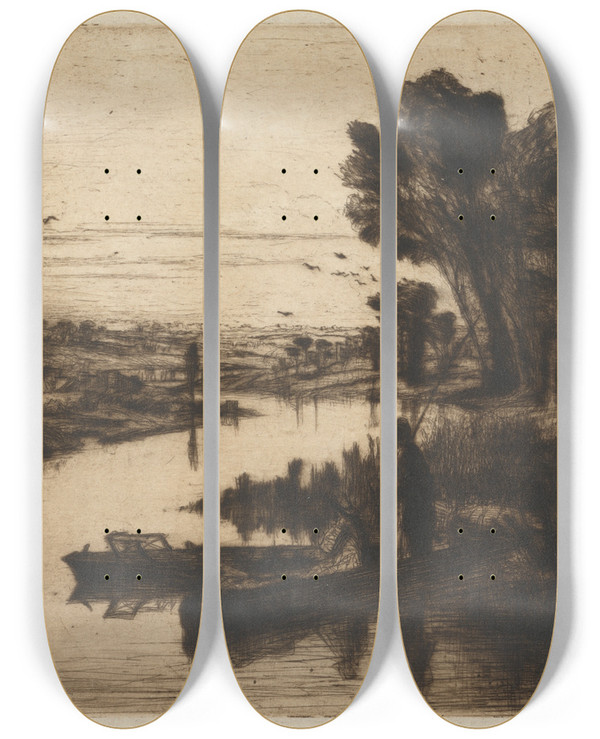 Triptych art skateboard deck of Francis Seymour Haden On The Thames by Francis Seymour Haden (1818-1910)