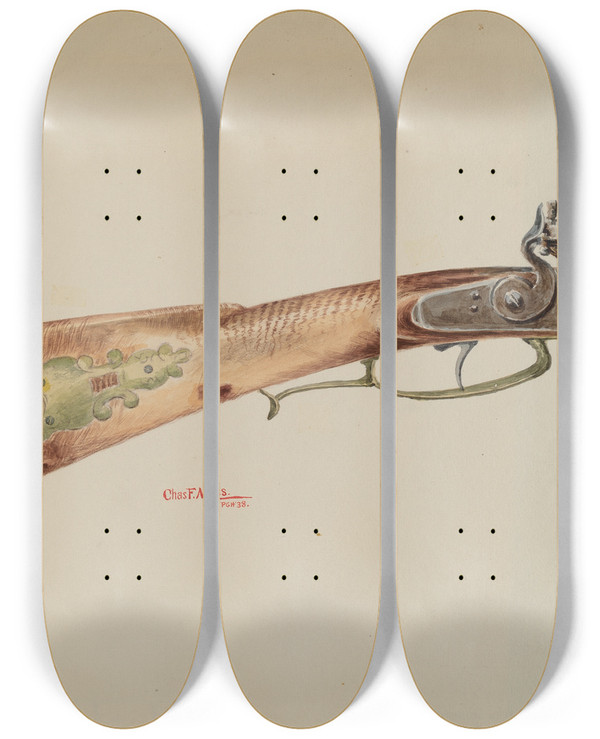 Triptych art skateboard deck of Charles Moss Rifle by Charles Moss