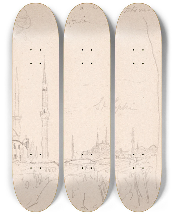 Triptych art skateboard deck of Anton Melbye Skytaris Store Kirkegrd by Anton Melbye (1818-1875)