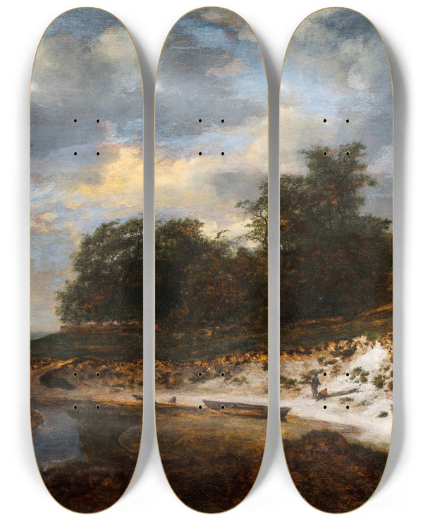 Triptych art skateboard deck of Jacob Van Ruisdael Sandy Cliff by Jacob Van Ruisdael (1628-1682)