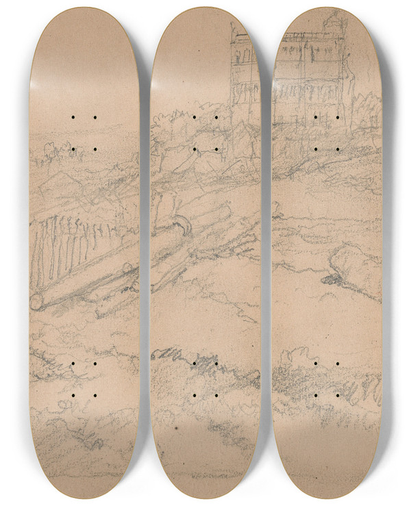 Triptych art skateboard deck of Clarkson Stanfield Study Of A Dry Dock With Boat by Clarkson Stanfield (1793-1867)