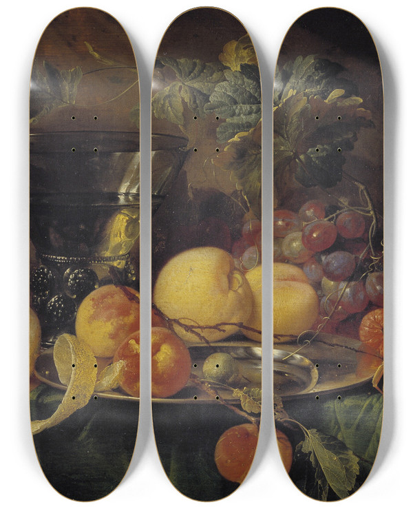 Triptych art skateboard deck of Jan Davidsz De Heem Still Life With A Roemer by Jan Davidsz de Heem (1606-1684)