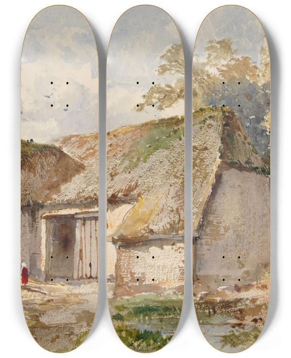 Triptych art skateboard deck of Edwin Toovey Old Farm by Edwin Toovey (1826-1906)
