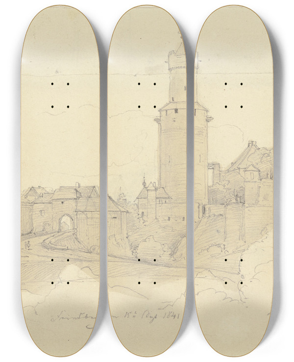 Triptych art skateboard deck of Jakob Becker Friedberg by Jakob Becker (1810-1872)
