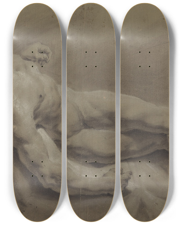 Triptych art skateboard deck of Georg Raphael Donner A Reclining Male Nude by Georg Raphael Donner (1693-1741)