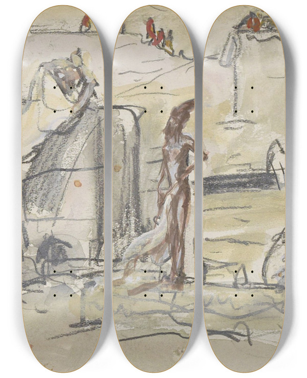 Triptych art skateboard deck of Marius Bauer Badende Indirs Aan De Oever Van De Ganges by Marius Bauer (1867-1932)