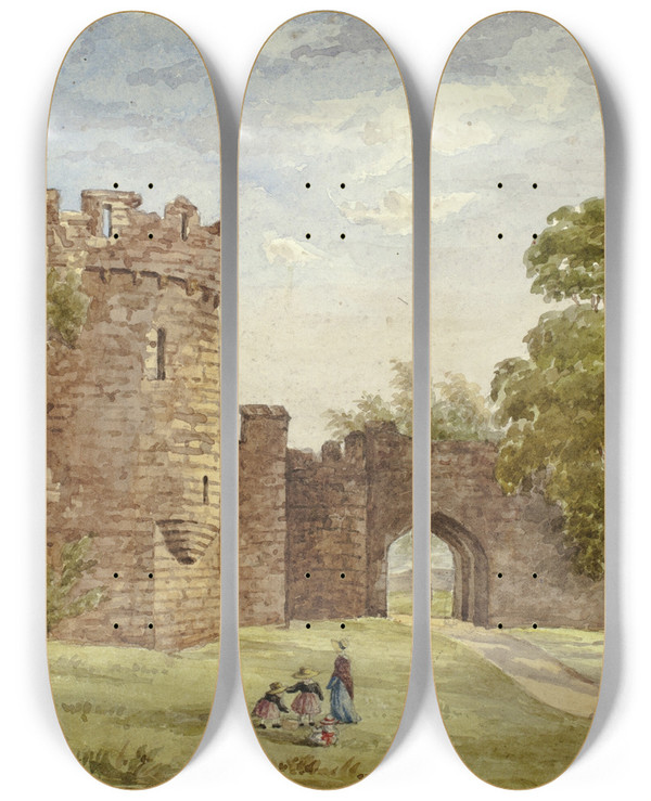 Triptych art skateboard deck of Elizabeth Murray Gateway Beaumans Castle by Elizabeth Murray (1815-1882)