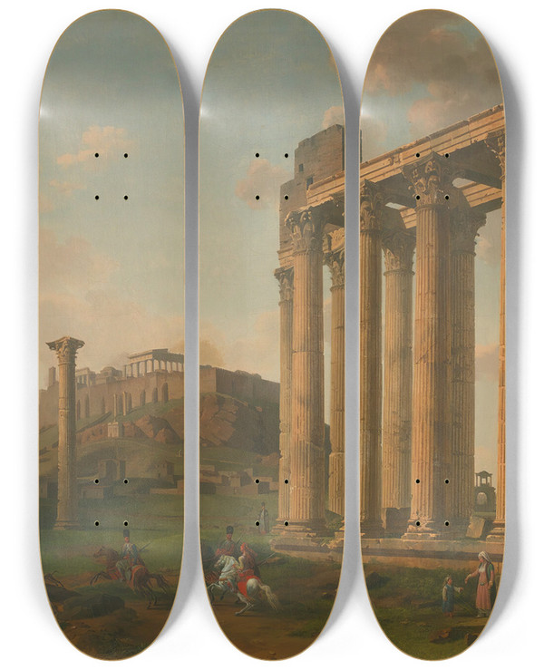 Triptych art skateboard deck of Lancelotthodore Turpin De Criss Vue Du Temple De Jupiter Et De Lacropole by Lancelot-Thodore Turpin de Criss (1782-1859)
