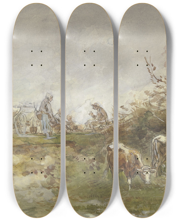 Triptych art skateboard deck of Anton Burger Rest On The Field by Anton Burger (1824-1905)
