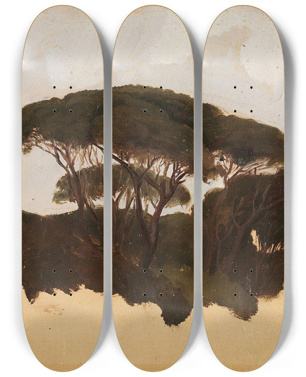 Triptych art skateboard deck of Adolph Tidemand Study Of Stone Pines by Adolph Tidemand (1814-1876)