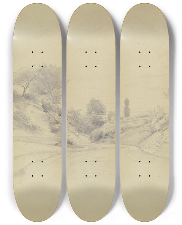 Triptych art skateboard deck of Jakob Becker Hohlweg Auf Eine Ortschaft Zufhrend by Jakob Becker (1810-1872)