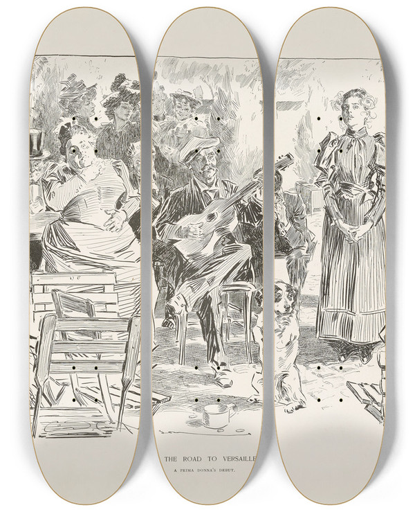Triptych art skateboard deck of Charles Dana Gibson On The Road To Versailles_1 by Charles Dana Gibson (1867-1944)