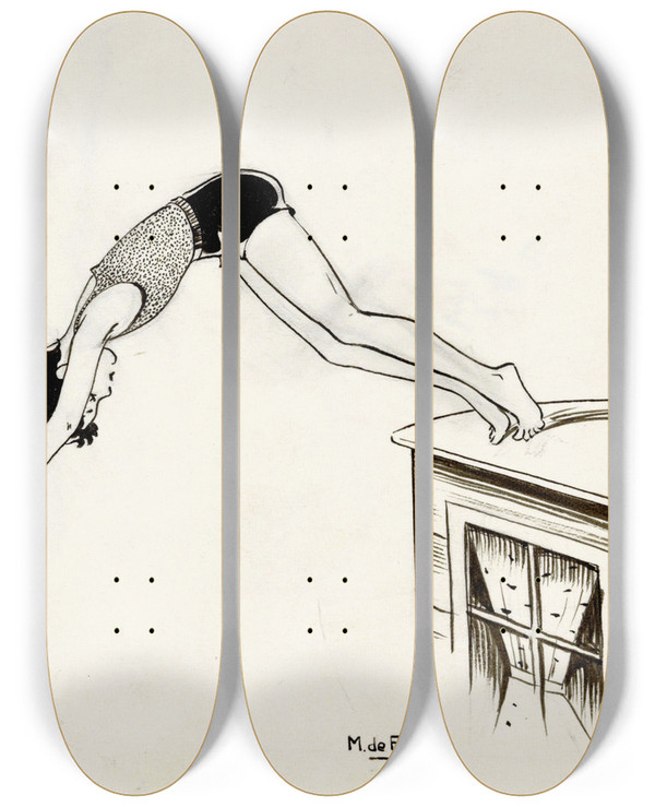 Triptych art skateboard deck of Miep De Feijter Meisje Duikend Van Een Dak by Miep de Feijter (20-)
