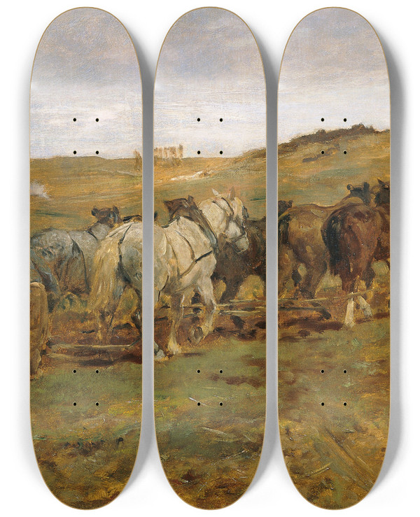Triptych art skateboard deck of Otto Von Thoren Pflgender Bauer by Otto Von Thoren (1823-1889)