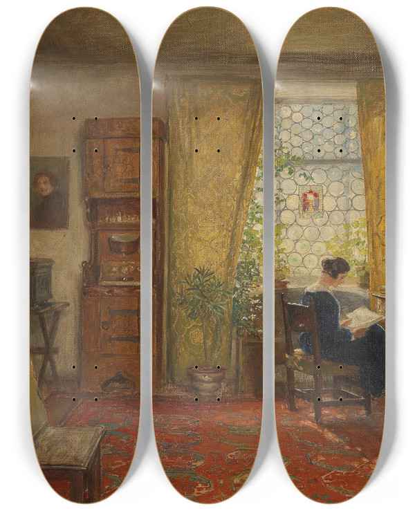 Triptych art skateboard deck of Hugo Charlemont In The Studio by Hugo Charlemont (1850-1939)