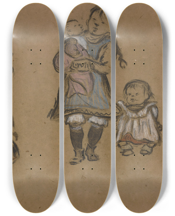 Triptych art skateboard deck of Heinrich Zille Five Workingclass Children by Heinrich Zille (1858-1929)