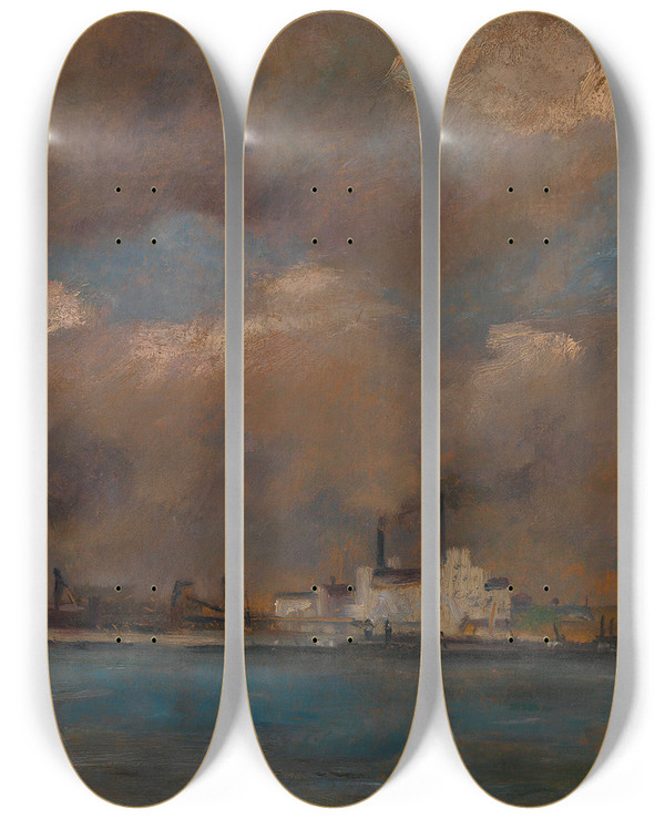 Triptych art skateboard deck of Emil Jakob Schindler Fabrikanlagen Bei Kaisermhlen by Emil Jakob Schindler (1842-1892)